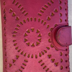 Pink leather laser cut wallet | Cleobella Mexican bifold | Embroidered Abstract